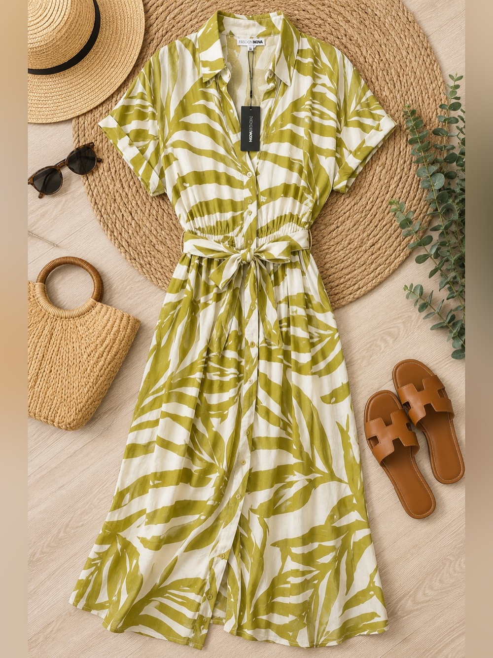 Fashion Nova NWT Tropical Leaf Print Midi Shirt Dress Large Pockets
